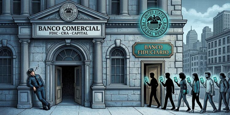 Ilustración editorial: un edificio bancario neoclásico con entrada principal que muestra las palabras FDIC, CRA y Capital, y una puerta lateral estrecha con placa dorada "Banco Fiduciario". Varias figuras con teléfonos que muestran símbolos de criptomonedas entran por la puerta lateral sin ser detenidas. Un sello federal flotante sobre ambas puertas, pero solo la principal tiene las obligaciones bancarias.