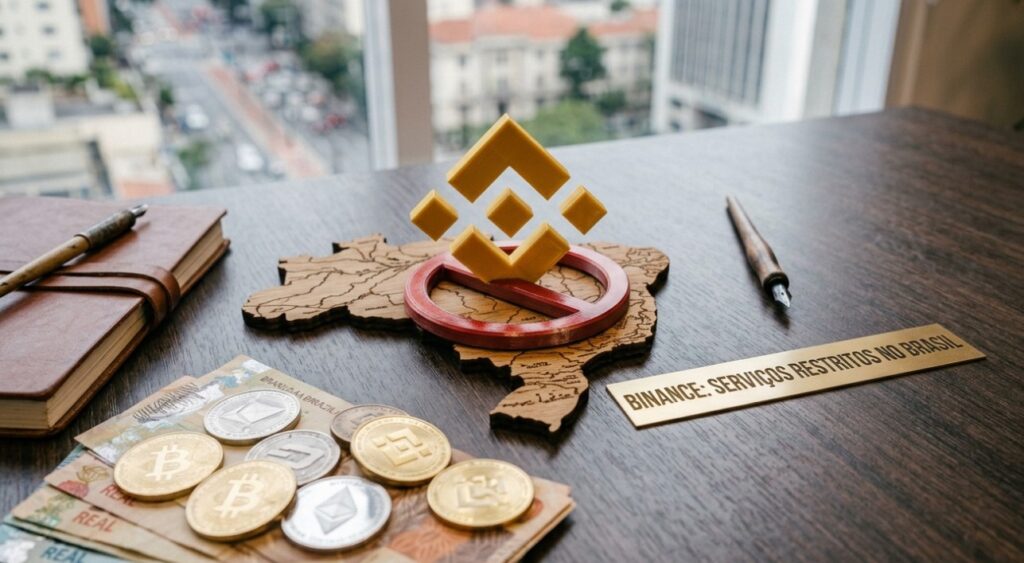 Un escritorio con monedas, un mapa de Brasil y el logo de Binance