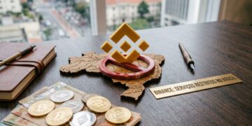Un escritorio con monedas, un mapa de Brasil y el logo de Binance
