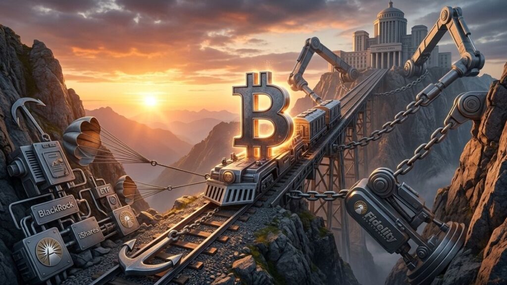 un paisaje con el sol de fondo donde se ve un tren que avanza y que tiene encima el logo de Bitcoin y unas cadenas lo mueven de lado y lado.