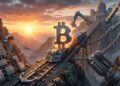 un paisaje con el sol de fondo donde se ve un tren que avanza y que tiene encima el logo de Bitcoin y unas cadenas lo mueven de lado y lado.