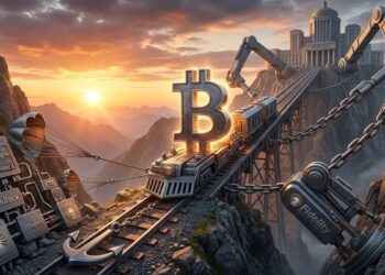 un paisaje con el sol de fondo donde se ve un tren que avanza y que tiene encima el logo de Bitcoin y unas cadenas lo mueven de lado y lado.
