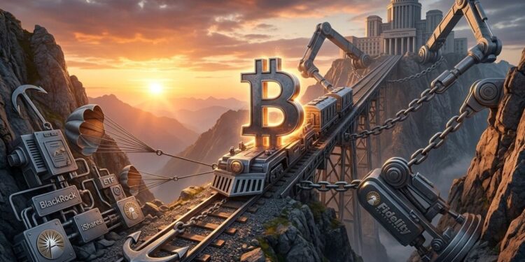 un paisaje con el sol de fondo donde se ve un tren que avanza y que tiene encima el logo de Bitcoin y unas cadenas lo mueven de lado y lado.