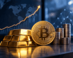 Bitcoin frente al oro, con un gráfico ascendente que representa mayor liquidez y menor volatilidad.
