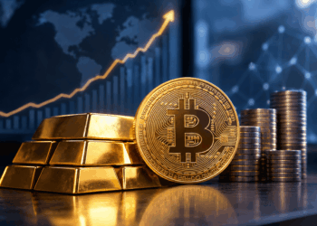 Bitcoin frente al oro, con un gráfico ascendente que representa mayor liquidez y menor volatilidad.