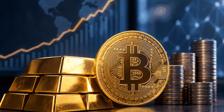 Bitcoin frente al oro, con un gráfico ascendente que representa mayor liquidez y menor volatilidad.