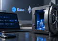 Bóveda digital con criptomonedas y computadora mostrando transacciones blockchain.
