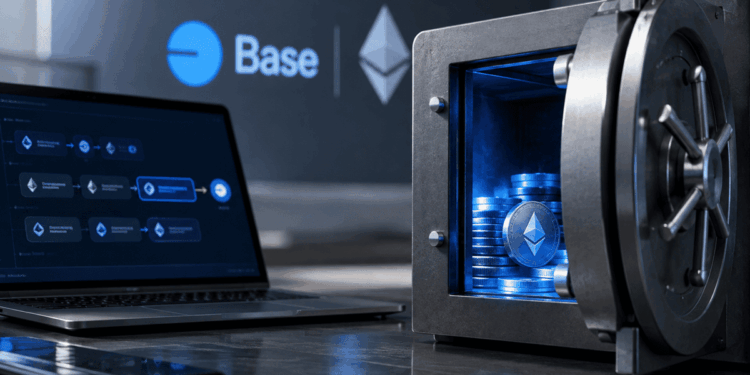 Bóveda digital con criptomonedas y computadora mostrando transacciones blockchain.