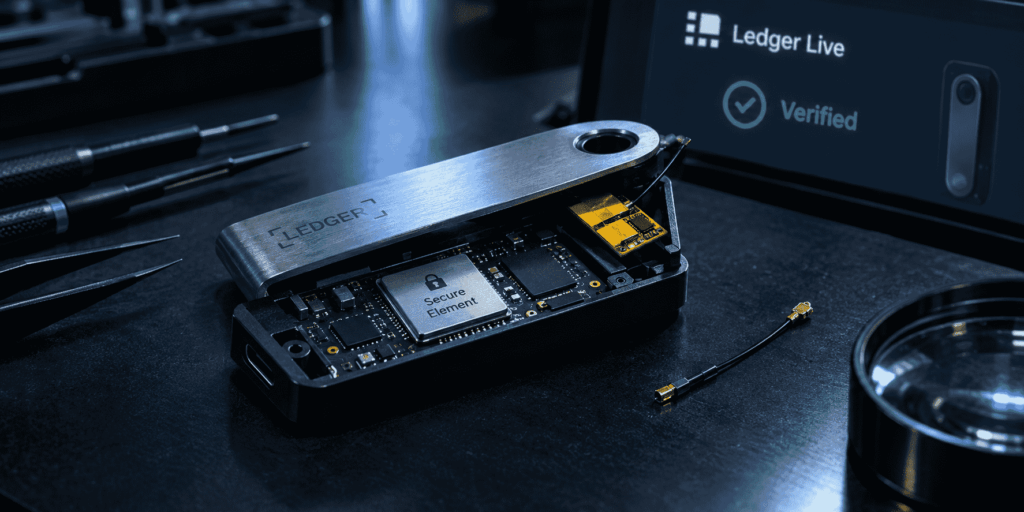 Hardware wallet abierta con un módulo espía amarillo oculto bajo la carcasa, mientras una pantalla al fondo muestra la verificación de Ledger Live como genuina.