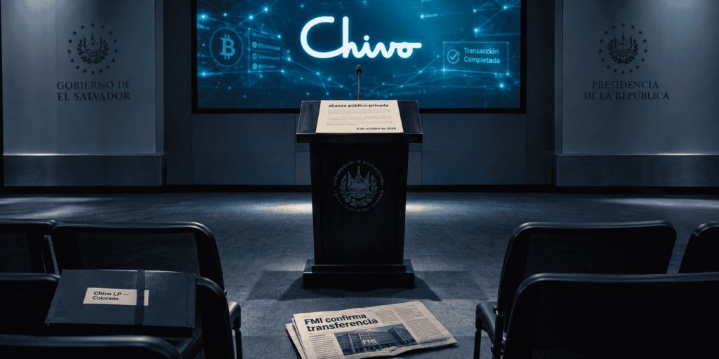Sala de prensa vacía en El Salvador con un atril, el escudo nacional, un comunicado del 8 de octubre y una pantalla con el logotipo de Chivo. No hay personas.