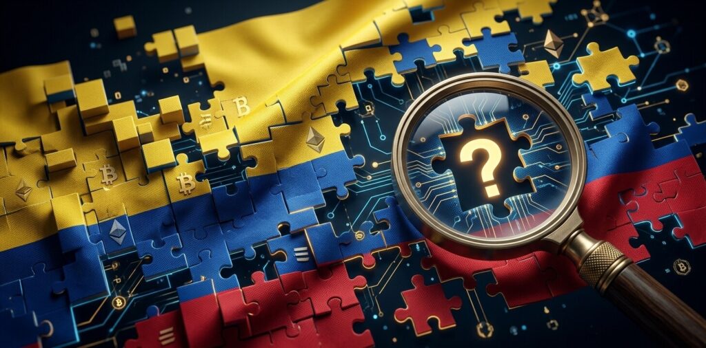 Bandera de Colombia fragmentada en bloques digitales con símbolos de criptomonedas y una lupa sobre las piezas ausentes.
