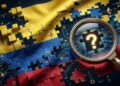 Bandera de Colombia fragmentada en bloques digitales con símbolos de criptomonedas y una lupa sobre las piezas ausentes.