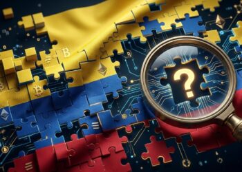 Bandera de Colombia fragmentada en bloques digitales con símbolos de criptomonedas y una lupa sobre las piezas ausentes.