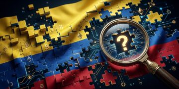 Bandera de Colombia fragmentada en bloques digitales con símbolos de criptomonedas y una lupa sobre las piezas ausentes.