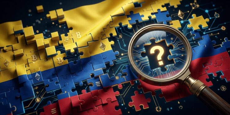 Bandera de Colombia fragmentada en bloques digitales con símbolos de criptomonedas y una lupa sobre las piezas ausentes.