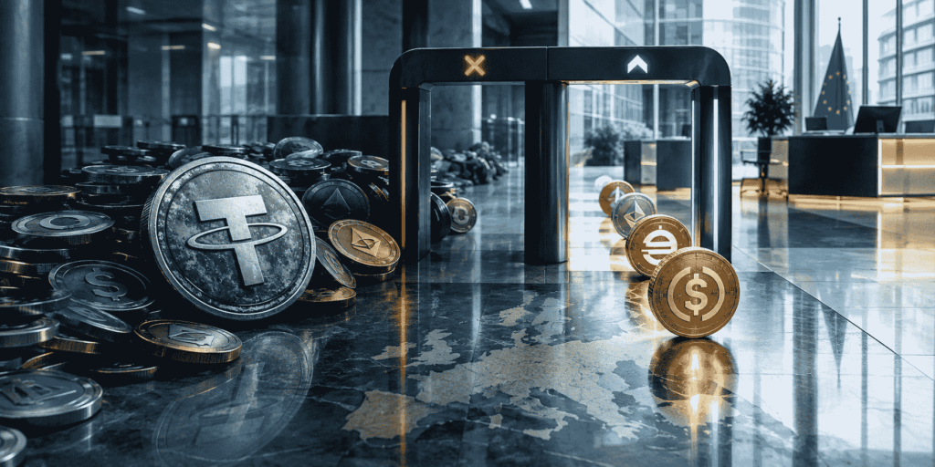Stablecoins cruzando un arco de control: tres pasan al lado verde, el resto queda en la zona gris. La imagen representa cómo MiCA regula solo una fracción del mercado global de stablecoins.