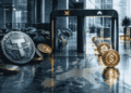 Stablecoins cruzando un arco de control: tres pasan al lado verde, el resto queda en la zona gris. La imagen representa cómo MiCA regula solo una fracción del mercado global de stablecoins.