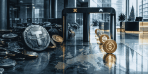 Stablecoins cruzando un arco de control: tres pasan al lado verde, el resto queda en la zona gris. La imagen representa cómo MiCA regula solo una fracción del mercado global de stablecoins.
