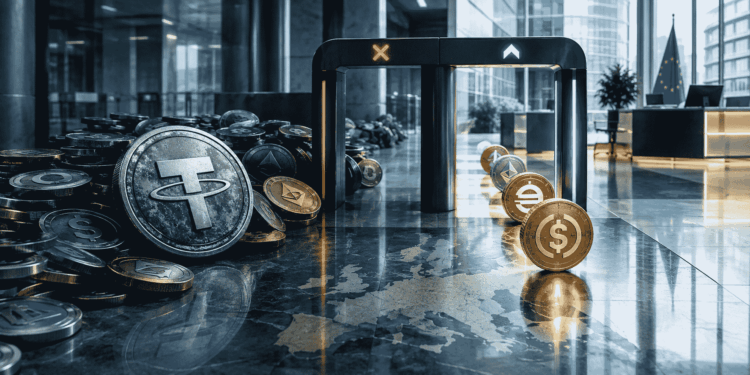 Stablecoins cruzando un arco de control: tres pasan al lado verde, el resto queda en la zona gris. La imagen representa cómo MiCA regula solo una fracción del mercado global de stablecoins.
