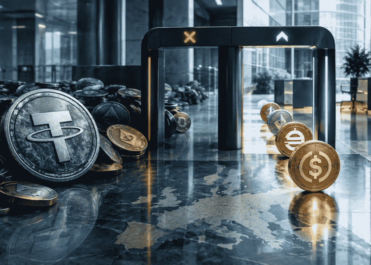 Stablecoins cruzando un arco de control: tres pasan al lado verde, el resto queda en la zona gris. La imagen representa cómo MiCA regula solo una fracción del mercado global de stablecoins.