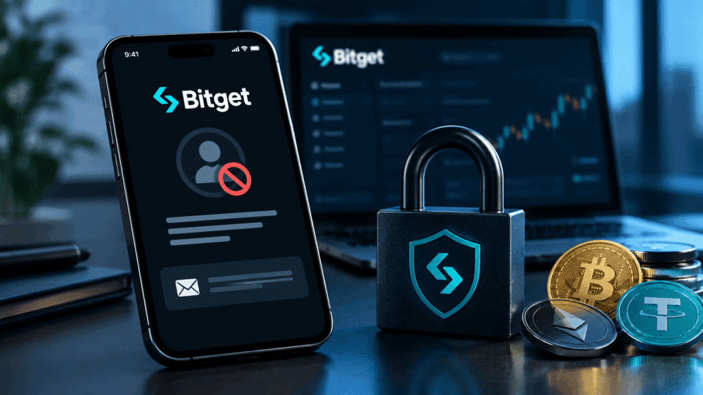 Computadora y telefono con el logo de bitget, un candado y monedas de bitcoin y criptomonedas