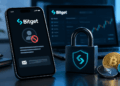 Computadora y telefono con el logo de bitget, un candado y monedas de bitcoin y criptomonedas