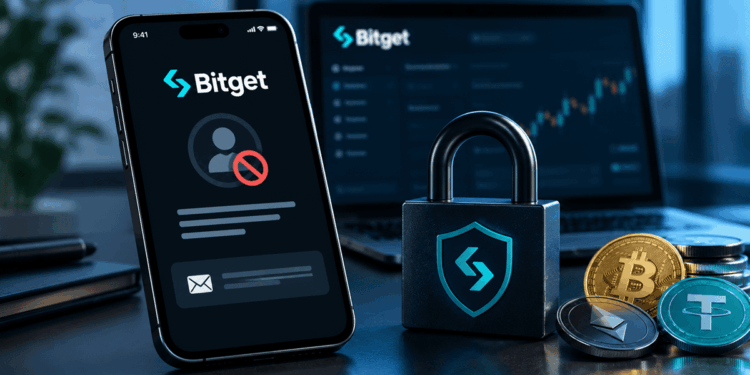 Computadora y telefono con el logo de bitget, un candado y monedas de bitcoin y criptomonedas