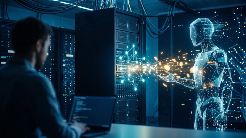 Fotografía conceptual en formato horizontal 16:9 que representa la monetización de servicios web por parte de agentes de inteligencia artificial. En primer plano, dentro de un centro de datos oscuro e iluminado con tonos azules, una figura translúcida y digital de un robot humanoide hecho de redes neuronales de luz interactúa con un servidor. Múltiples partículas luminosas y monedas de luz dorada fluyen de forma continua desde el agente de IA hacia la infraestructura de servidores, simbolizando el pago directo por consumo de datos. En la penumbra del extremo izquierdo, la silueta de una persona observa la escena frente a su pantalla, enfatizando la transición hacia un modelo donde el software realiza transacciones financieras de manera autónoma.