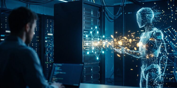 Fotografía conceptual en formato horizontal 16:9 que representa la monetización de servicios web por parte de agentes de inteligencia artificial. En primer plano, dentro de un centro de datos oscuro e iluminado con tonos azules, una figura translúcida y digital de un robot humanoide hecho de redes neuronales de luz interactúa con un servidor. Múltiples partículas luminosas y monedas de luz dorada fluyen de forma continua desde el agente de IA hacia la infraestructura de servidores, simbolizando el pago directo por consumo de datos. En la penumbra del extremo izquierdo, la silueta de una persona observa la escena frente a su pantalla, enfatizando la transición hacia un modelo donde el software realiza transacciones financieras de manera autónoma.