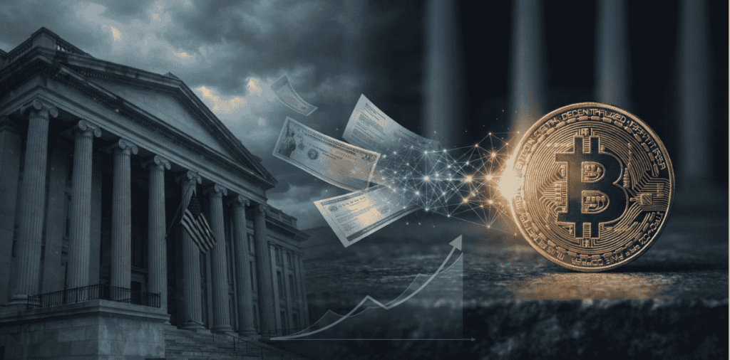 Una moneda de BTC y una estructura estadounidense.