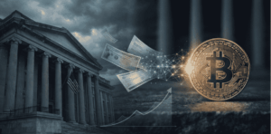 Una moneda de BTC y una estructura estadounidense.