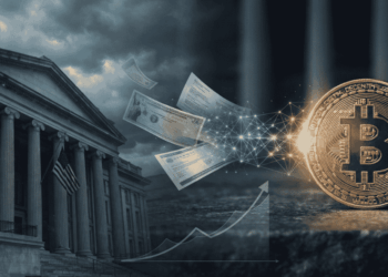Una moneda de BTC y una estructura estadounidense.