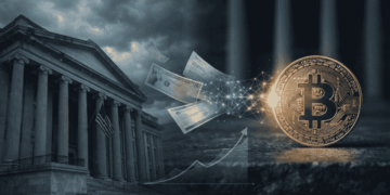Una moneda de BTC y una estructura estadounidense.