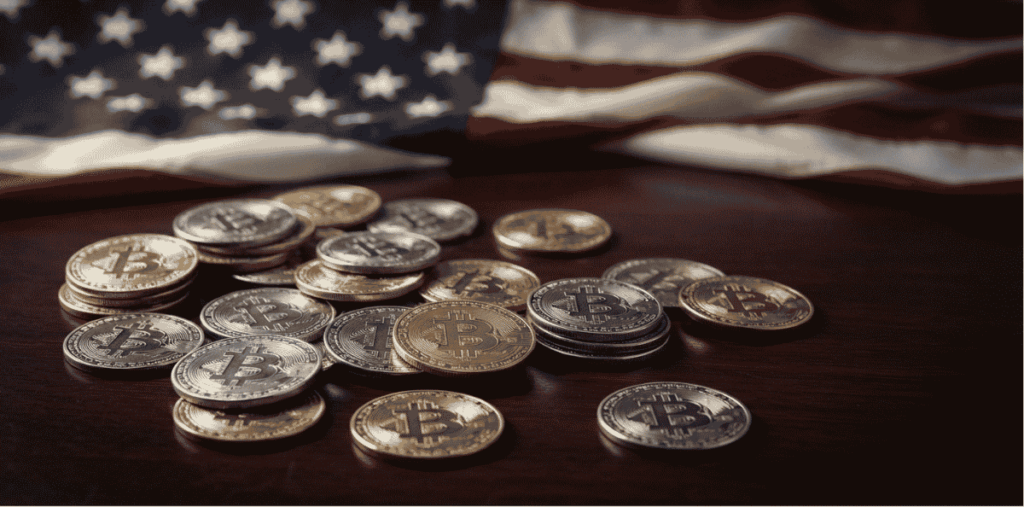 Unos BTC con bandera de Estados Unidos.