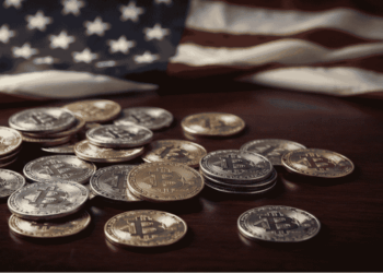 Unos BTC con bandera de Estados Unidos.