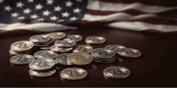 Unos BTC con bandera de Estados Unidos.