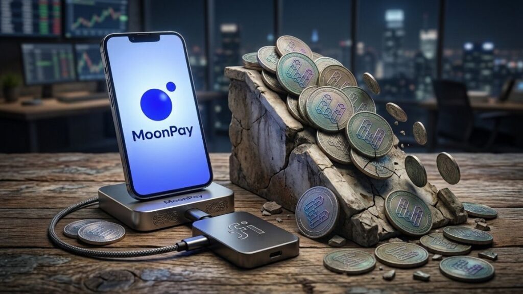 Imagen que muestra monedas con el logo de ETHFI caer por una pendiente. Al lado, un móvil muestra el logo de MoonPay.