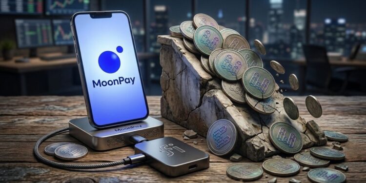 Imagen que muestra monedas con el logo de ETHFI caer por una pendiente. Al lado, un móvil muestra el logo de MoonPay.