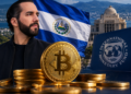 Bukele junto a Bitcoin, la bandera de El Salvador y el FMI.