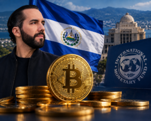 Bukele junto a Bitcoin, la bandera de El Salvador y el FMI.