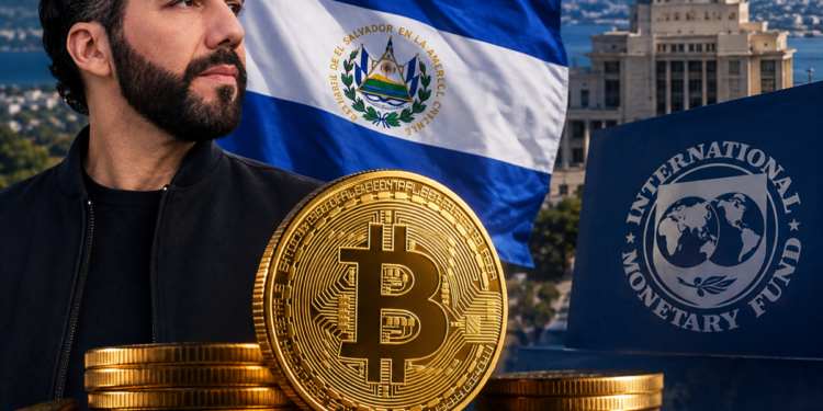 Bukele junto a Bitcoin, la bandera de El Salvador y el FMI.