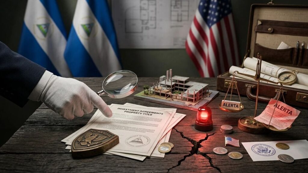 Documentos legales de inversión, las banderas de Nicaragua y EE. UU. al fondo, una pequeña luz roja de alerta y una balanza de justicia.