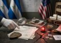 Documentos legales de inversión, las banderas de Nicaragua y EE. UU. al fondo, una pequeña luz roja de alerta y una balanza de justicia.
