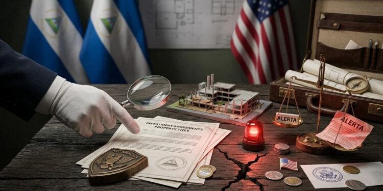 Documentos legales de inversión, las banderas de Nicaragua y EE. UU. al fondo, una pequeña luz roja de alerta y una balanza de justicia.