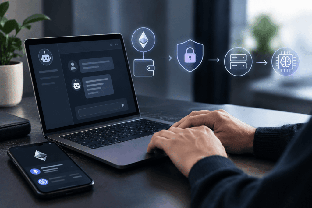 Laptop con IA, Ethereum y elementos de privacidad digital.