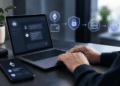 Laptop con IA, Ethereum y elementos de privacidad digital.
