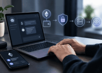 Laptop con IA, Ethereum y elementos de privacidad digital.