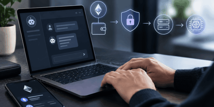 Laptop con IA, Ethereum y elementos de privacidad digital.