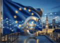 Euro digital, una red de criptomonedas, bandera de la UE.