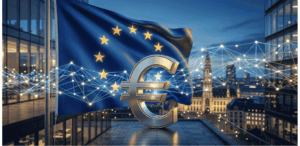 Euro digital, una red de criptomonedas, bandera de la UE.